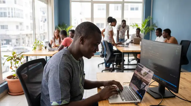 Un jeune professionnel sénégalais travaille sur son ordinateur dans un espace de travail lumineux